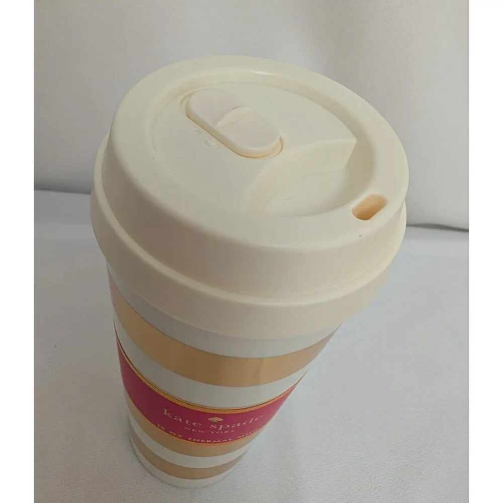 Kate Spade Striped Gold 16 oz Thermal Travel Mug Coffee Cup Hot Gold